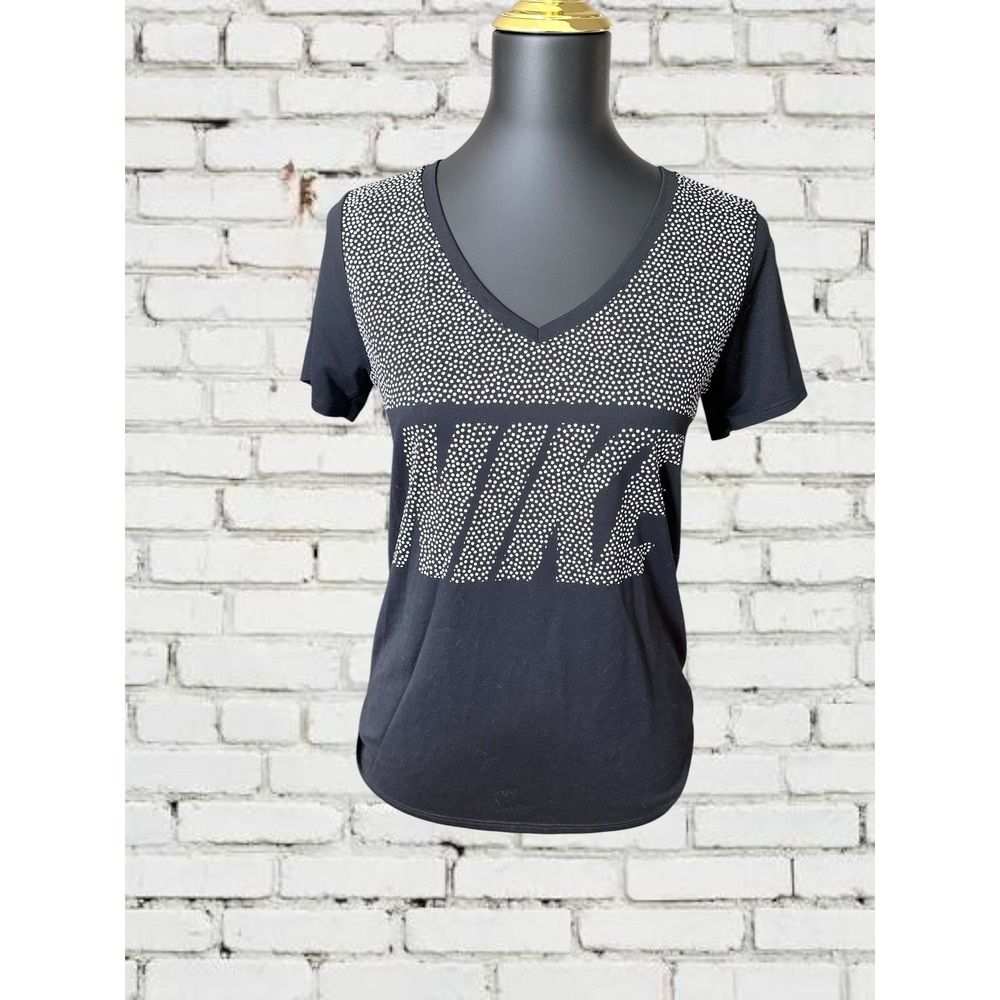 Nike Dri-FIT V-Neck T-Shirt Women Medium Black White Polka Dot Graphic Tee